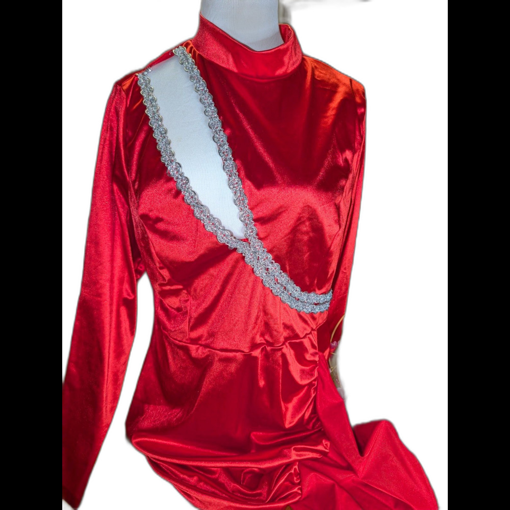 Red Satin Dress w Silver Trim Long Sleeve Size Large